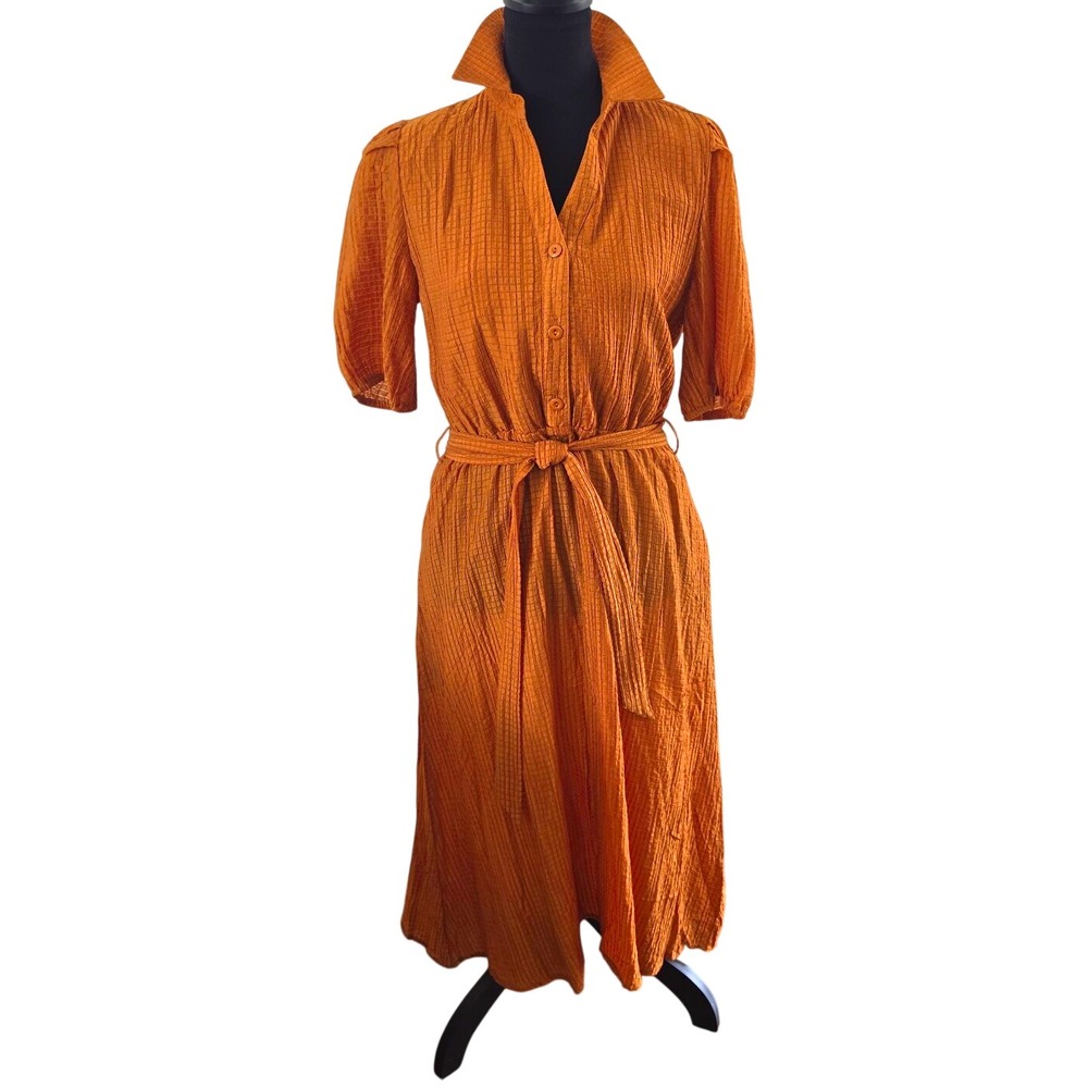andthewhy Caramel Textured Collared Button Belted Puff Sleeve Midi Dress Sz L